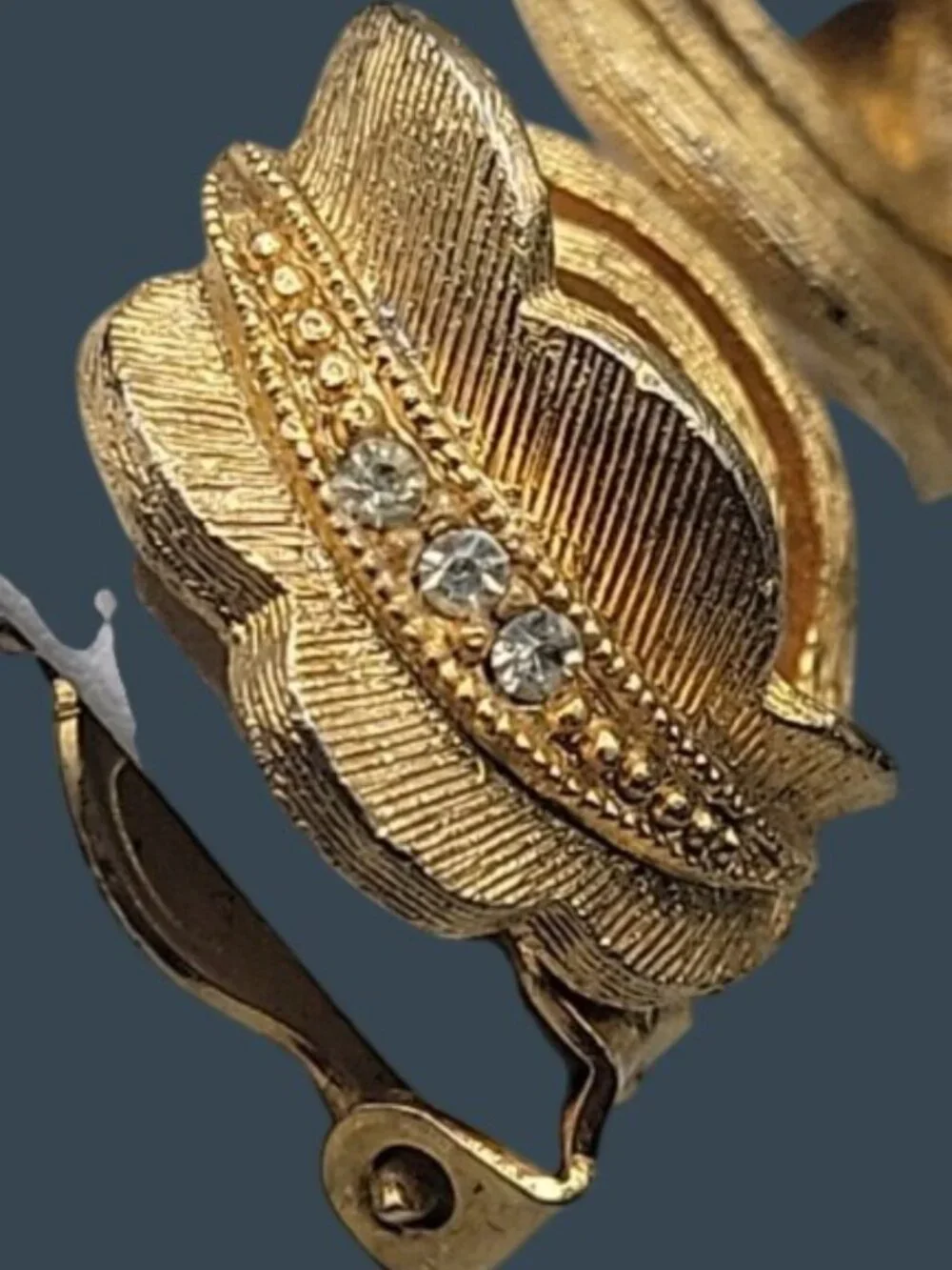 Vintage Rhinestone Accented Swirled Feather Clip On Earrings